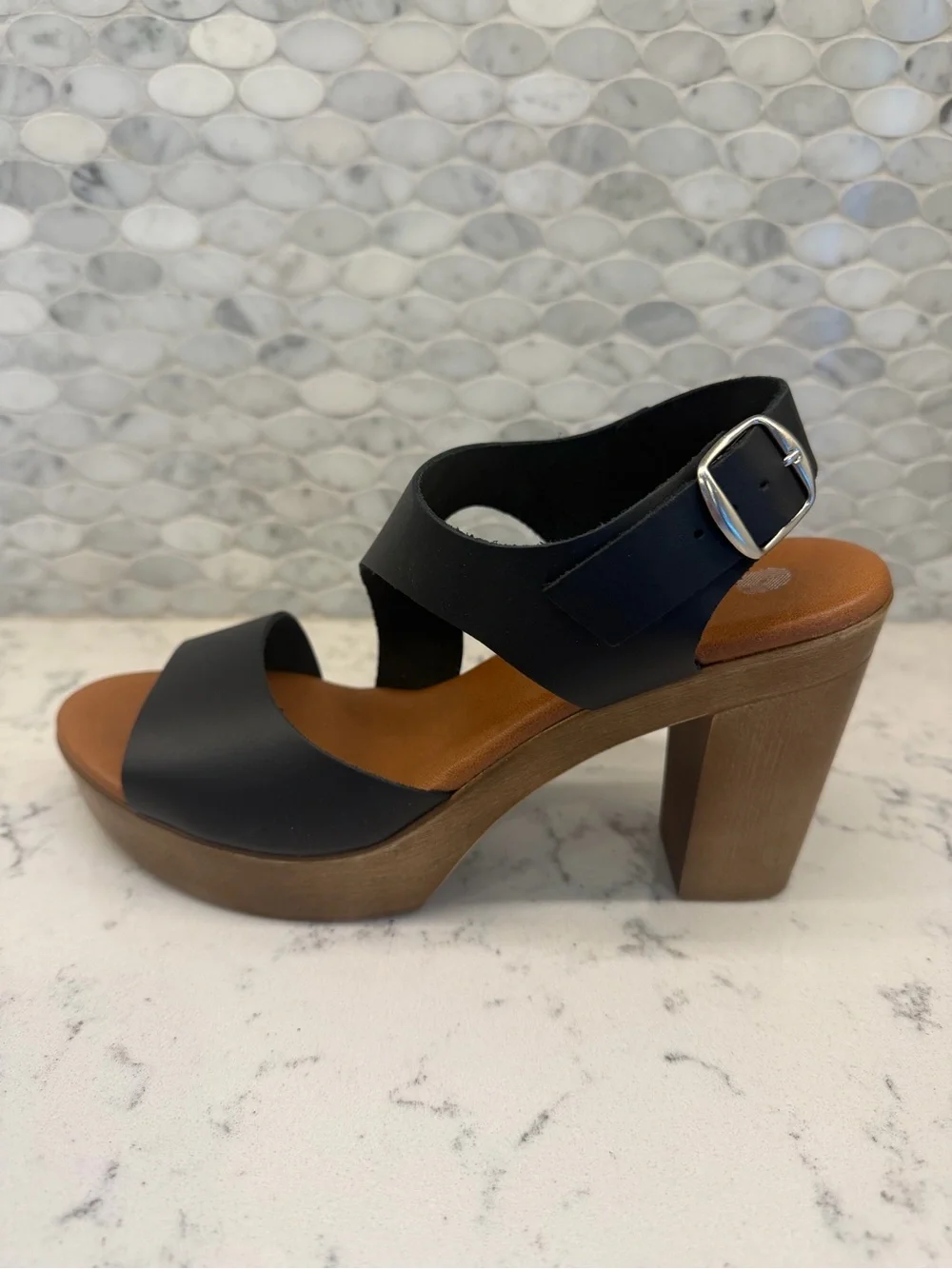 Eric Michael Black Wedge Sandals with Tan Platform